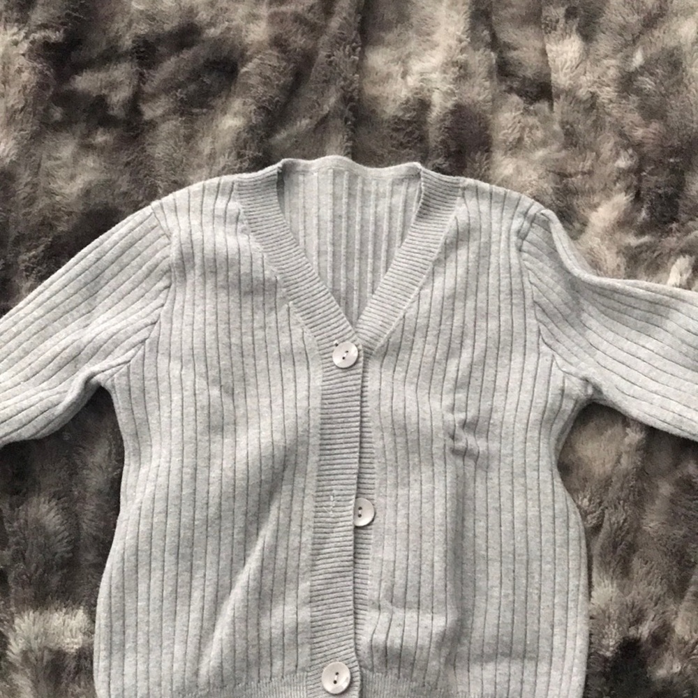 bluish grey cardigan